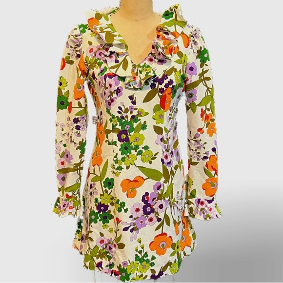 Vintage Dresses & Skirts - VINTAGE MOD 60s MCM botanical floral mini dress ruffle collar flare polyester
